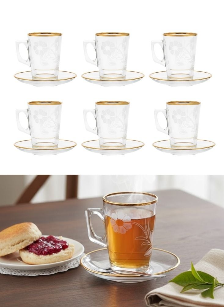 بريميم طقم أكواب شاي زجاجية مزخرفة بنقوش زهرية مع صحون مكوّن من ست قطع - Image 1